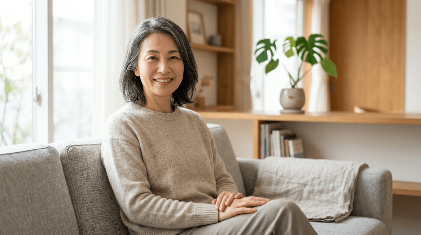 明るいリビングで微笑む50代の日本人女性のイメージ(お客様の声用・モデル写真・AI生成)